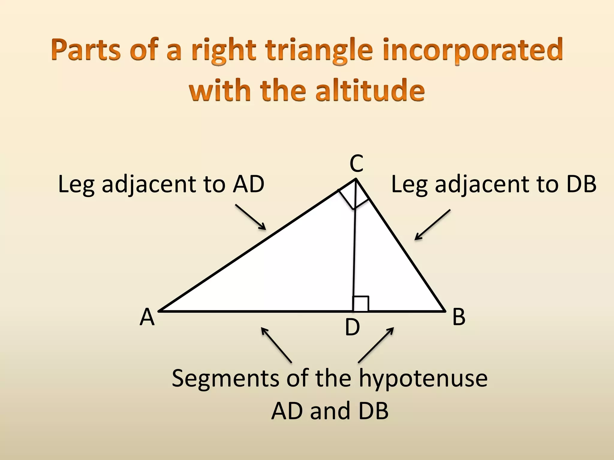Parts of a right triangle incorporated with the altitudeCLeg adjacent to DBLeg adjacent to ADABDSegments of the hypotenuse AD and DB