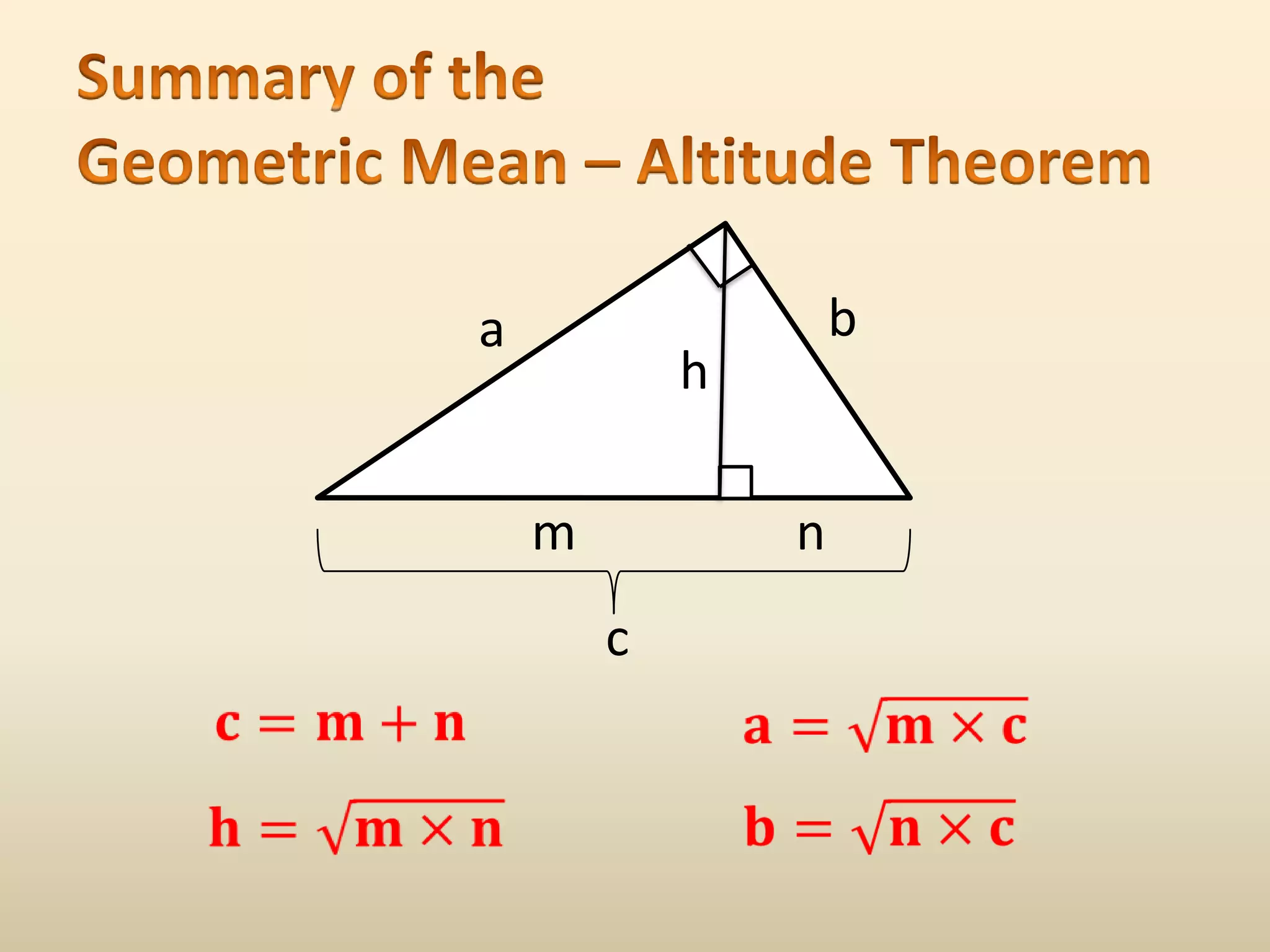 Summary of theGeometric Mean – Altitude Theorembahmnc𝐜=𝐦+𝐧 𝐚=𝐦×𝐜 𝐡=𝐦×𝐧 𝐛=𝐧×𝐜 