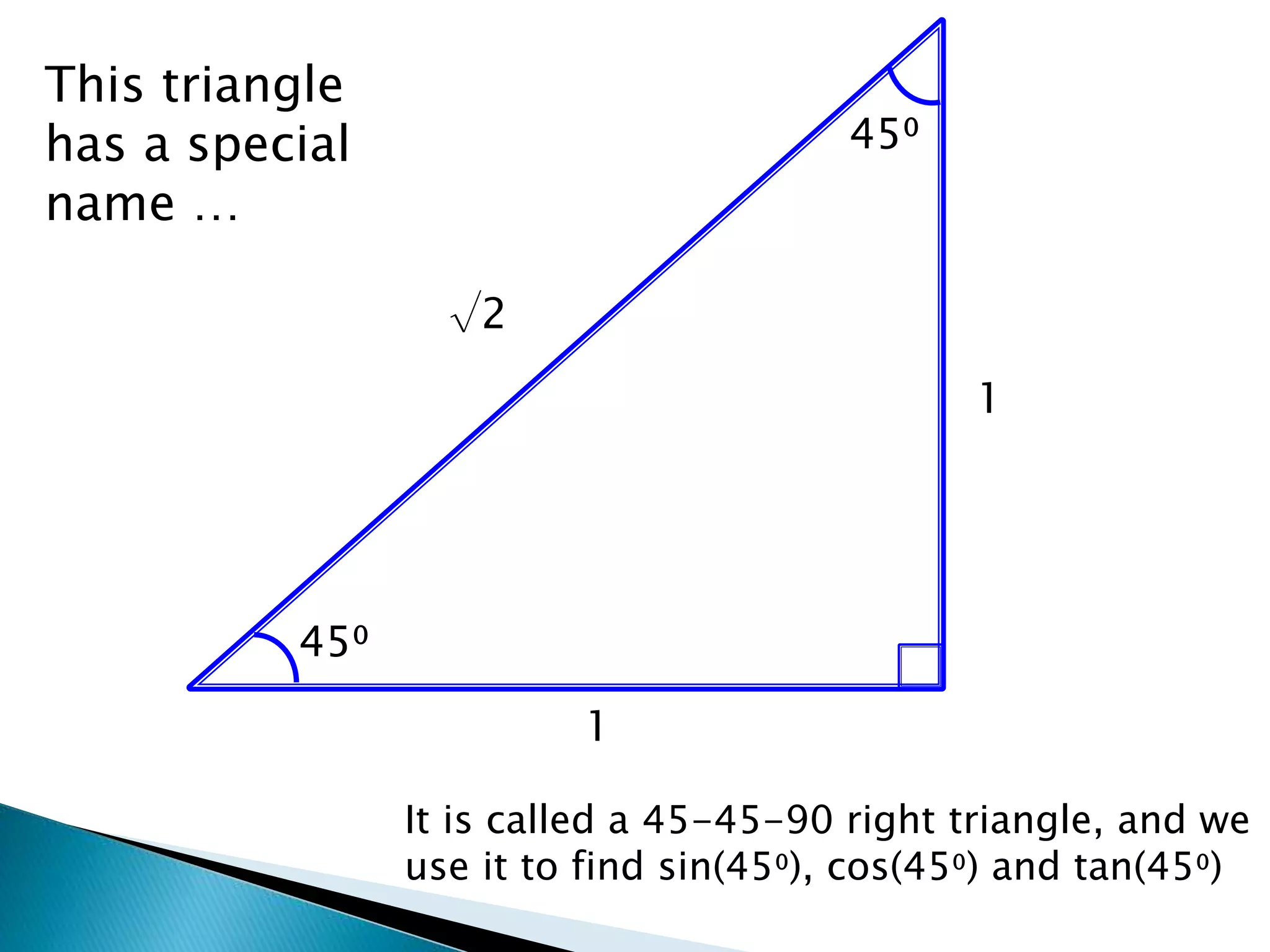 1
45⁰
45⁰
1
√2
This triangle
has a special
name …
It is called a 45-45-90 right triangle, and we
use it to find sin(45⁰), cos(45⁰) and tan(45⁰)
 