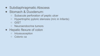 ● Subdiaphragmatic Abscess
● Stomach & Duodenum:
○ Subacute perforation of peptic ulcer
○ Hypertrophic pyloric stenosis (m/c in Infants)
○ GIST
○ Neuroendocrine tumors
● Hepatic flexure of colon
○ Intussusception
○ Colonic ca
 