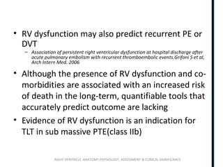 RIGHT VENTRICLE ANATOMY,PHYSIOLOGY, ASSESSMENT & CLINICAL SIGNIFICANCE
• RV dysfunction may also predict recurrent PE or
DVT
– Association of persistent right ventricular dysfunction at hospital discharge after
acute pulmonary embolism with recurrent thromboembolic events.Grifoni S et al,
Arch Intern Med. 2006
• Although the presence of RV dysfunction and co-
morbidities are associated with an increased risk
of death in the long-term, quantifiable tools that
accurately predict outcome are lacking
• Evidence of RV dysfunction is an indication for
TLT in sub massive PTE(class IIb)
 