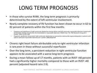 RIGHT VENTRICLE ANATOMY,PHYSIOLOGY, ASSESSMENT & CLINICAL SIGNIFICANCE
LONG TERM PROGNOSIS
• In those who survive RVMI, the long-term prognosis is primarily
determined by the extent of left ventricular involvement.
• Nearly complete recovery of RV function has been shown to occur in 62 to
82 percent of patients within the first few months
– Frequency and significance of right ventricular dysfunction during inferior wall left ventricular myocardial infarction treated with
thrombolytic therapy (results from the thrombolysis in myocardial infarction [TIMI]II trial). The TIMI Research Group,Am J
Cardiol. 1993;71(13):1148
– Prognostic significance of persistent right ventricular dysfunction as assessed by radionuclide angiocardiography in patients with
inferior wall acute myocardial infarction,Am J Cardiol. 2000;85(8):939
• Chronic right heart failure attributable only to right ventricular infarction
is rare,even in those without successful reperfusion
• Over the long term, a persistent reduction in right ventricular function
appears to be associated with a worse long-term prognosis
• During a mean follow-up of 17 months, patients with an RVEF <40 percent
had a significantly higher mortality compared to those with an RVEF >40
percent (adjusted hazard ratio 2.9).
 