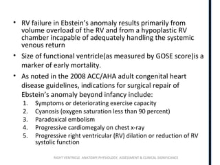 RIGHT VENTRICLE ANATOMY,PHYSIOLOGY, ASSESSMENT & CLINICAL SIGNIFICANCE
• RV failure in Ebstein’s anomaly results primarily from
volume overload of the RV and from a hypoplastic RV
chamber incapable of adequately handling the systemic
venous return
• Size of functional ventricle(as measured by GOSE score)is a
marker of early mortality.
• As noted in the 2008 ACC/AHA adult congenital heart
disease guidelines, indications for surgical repair of
Ebstein’s anomaly beyond infancy include:
1. Symptoms or deteriorating exercise capacity
2. Cyanosis (oxygen saturation less than 90 percent)
3. Paradoxical embolism
4. Progressive cardiomegaly on chest x-ray
5. Progressive right ventricular (RV) dilation or reduction of RV
systolic function
 