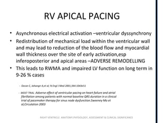 RIGHT VENTRICLE ANATOMY,PHYSIOLOGY, ASSESSMENT & CLINICAL SIGNIFICANCE
RV APICAL PACING
• Asynchronous electrical activation –ventricular dyssynchrony
• Redistribution of mechanical load within the ventricular wall
and may lead to reduction of the blood flow and myocardial
wall thickness over the site of early activation,esp
inferoposterior and apical areas –ADVERSE REMODELLING
• This leads to RWMA and impaired LV function on long term in
9-26 % cases
- Ozcan C, Jahangir A,et al; N Engl J Med 2001;344:1043e51
- MOST TRIAL :Adverse effect of ventricular pacing on heart failure and atrial
fibrillation among patients with normal baseline QRS duration in a clinical
trial of pacemaker therapy for sinus node dysfunction.Sweeney Mo et
al,Circulation 2003
 