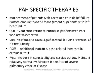 RIGHT VENTRICLE ANATOMY,PHYSIOLOGY, ASSESSMENT & CLINICAL SIGNIFICANCE
PAH SPECIFIC THERAPIES
• Management of patients with acute and chronic RV failure
is more empiric than the management of patients with left
heart failure
• CCB- RV function return to normal in patients with PAH
who are vasoreactive.
• ERA- Not found to cause significant fall in PAP or reversal of
RV remodeling
• PDE5I –Additional inotropic, dose-related increases in
cardiac output
• PGI2 -Increase in contractility and cardiac output. Maintain
relatively normal RV function in the face of severe
pulmonary vascular disease
 