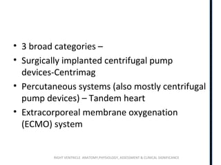 RIGHT VENTRICLE ANATOMY,PHYSIOLOGY, ASSESSMENT & CLINICAL SIGNIFICANCE
• 3 broad categories –
• Surgically implanted centrifugal pump
devices-Centrimag
• Percutaneous systems (also mostly centrifugal
pump devices) – Tandem heart
• Extracorporeal membrane oxygenation
(ECMO) system
 