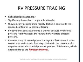 RIGHT VENTRICLE ANATOMY,PHYSIOLOGY, ASSESSMENT & CLINICAL SIGNIFICANCE
RV PRESSURE TRACING
• Right-sided pressures are –
• Significantly lower than comparable left-sided
• Show an early peaking and a rapidly decline in contrast to the
rounded contour of LV pressure tracing
• RV isovolumic contraction time is shorter because RV systolic
pressure rapidly exceeds the low pulmonary artery diastolic
pressure.
• A careful study of hemodynamic tracings and flow dynamics also
reveals that end-systolic flow may continue in the presence of a
negative ventricular-arterial pressure gradient. This interval, which
is referred to as the hangout interval.
 