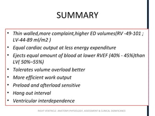 RIGHT VENTRICLE ANATOMY,PHYSIOLOGY, ASSESSMENT & CLINICAL SIGNIFICANCE
SUMMARY
• Thin walled,more complaint,higher ED volumes(RV -49-101 ;
LV-44-89 ml/m2 )
• Equal cardiac output at less energy expenditure
• Ejects equal amount of blood at lower RVEF (40% - 45%)than
LV( 50%–55%)
• Tolerates volume overload better
• More efficient work output
• Preload and afterload sensitive
• Hang out interval
• Ventricular interdependence
 