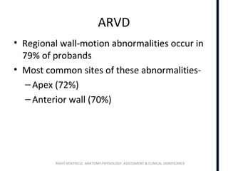 RIGHT VENTRICLE ANATOMY,PHYSIOLOGY, ASSESSMENT & CLINICAL SIGNIFICANCE
ARVD
• Regional wall-motion abnormalities occur in
79% of probands
• Most common sites of these abnormalities-
–Apex (72%)
–Anterior wall (70%)
 