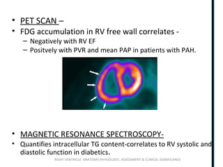 RIGHT VENTRICLE ANATOMY,PHYSIOLOGY, ASSESSMENT & CLINICAL SIGNIFICANCE
• PET SCAN –
• FDG accumulation in RV free wall correlates -
– Negatively with RV EF
– Positvely with PVR and mean PAP in patients with PAH.
• MAGNETIC RESONANCE SPECTROSCOPY-
• Quantifies intracellular TG content-correlates to RV systolic and
diastolic function in diabetics.
 