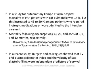 RIGHT VENTRICLE ANATOMY,PHYSIOLOGY, ASSESSMENT & CLINICAL SIGNIFICANCE
• In a study for outcomes by Campo et al In-hospital
mortality of PAH patients with cor pulmonale was 14 %, but
this increased to 45 to 50 % among patients who required
inotropic medications or were admitted to the intensive
care unit.
• Mortality following discharge was 13, 26, and 35 % at 3, 6,
and 12 months, respectively.
– Outcomes of hospitalisation for right heart failure in pulmonary
arterial hypertension,Eur Respir J. 2011;38(2):359
• In a recent study, Burgess and colleagues showed that RV
end-diastolic diameter index and the velocity of late
diastolic filling were independent predictors of survival
 