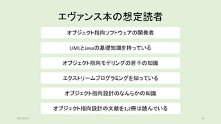 エヴァンス本の想定読者
オブジェクト指向ソフトウェアの開発者
UMLとJavaの基礎知識を持っている
オブジェクト指向モデリングの若干の知識
エクストリームプログラミングを知っている
オブジェクト指向設計のなんらかの知識
オブジェクト指向設計の文献を1,2冊は読んでいる
2019/5/29 34
 