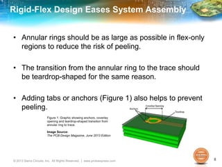 Rigid-Flex Design Eases System Assembly
• Annular rings should be as large as possible in flex-only
regions to reduce the risk of peeling.
• The transition from the annular ring to the trace should
be teardrop-shaped for the same reason.
• Adding tabs or anchors (Figure 1) also helps to prevent
peeling.
© 2013 Sierra Circuits, Inc. All Rights Reserved. | www.protoexpress.com 8
Figure 1: Graphic showing anchors, coverlay
opening and teardrop-shaped transition from
annular ring to trace.
Image Source:
The PCB Design Magazine, June 2013 Edition
 