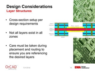 • Cross-section setup per
design requirements
• Not all layers exist in all
zones
• Care must be taken during
placement and routing to
ensure you are referencing
the desired layers
Design Considerations
Layer Structures
7/31/2018 16
 