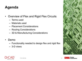 Agenda
• Overview of Flex and Rigid Flex Circuits
– Terms used
– Materials used
– Placement Considerations
– Routing Considerations
– 3D & Manufacturing Considerations
• Demo
– Functionality needed to design flex and rigid flex
– 3-D views
7/31/2018 3
 