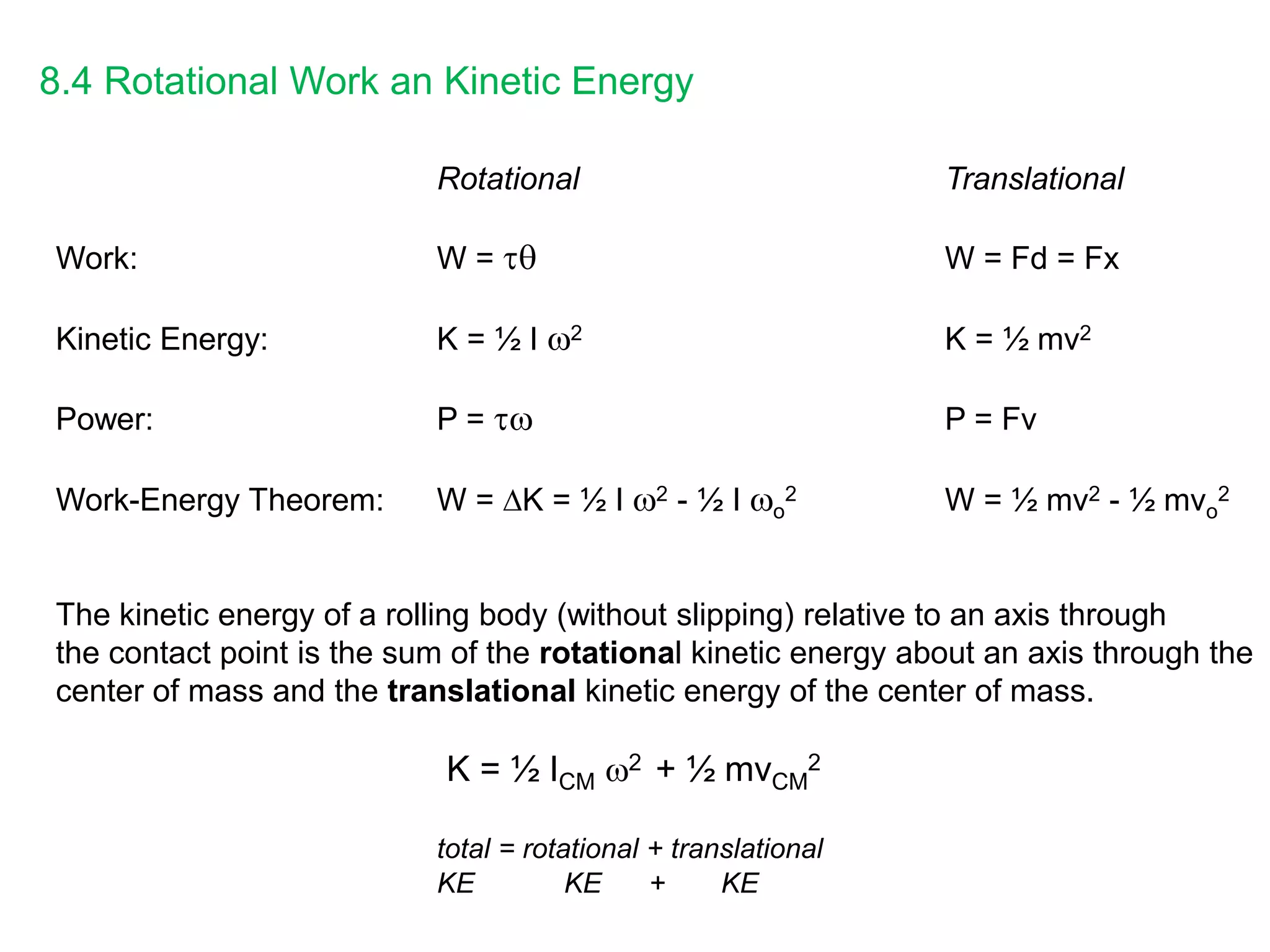 8.4 Rotational Work an Kinetic Energy
Rotational Translational
Work: W =  W = Fd = Fx
Kinetic Energy: K = ½ I 2 K = ½ mv2
Power: P =  P = Fv
Work-Energy Theorem: W = K = ½ I 2 - ½ I o
2 W = ½ mv2 - ½ mvo
2
The kinetic energy of a rolling body (without slipping) relative to an axis through
the contact point is the sum of the rotational kinetic energy about an axis through the
center of mass and the translational kinetic energy of the center of mass.
K = ½ ICM 2 + ½ mvCM
2
total = rotational + translational
KE KE + KE
 