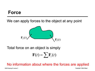 CS274 Spring 01 Lecture 7 Copyright © Mark Meyer
We can apply forces to the object at any point
Force

 )
(
)
( t
t i
F
F
Total force on an object is simply
No information about where the forces are applied
)
(
1 t
F
)
(
2 t
F
 