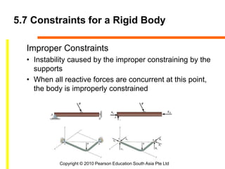 Copyright © 2010 Pearson Education South Asia Pte Ltd
5.7 Constraints for a Rigid Body
Improper Constraints
• Instability caused by the improper constraining by the
supports
• When all reactive forces are concurrent at this point,
the body is improperly constrained
 