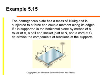 Copyright © 2010 Pearson Education South Asia Pte Ltd
Example 5.15
The homogenous plate has a mass of 100kg and is
subjected to a force and couple moment along its edges.
If it is supported in the horizontal plane by means of a
roller at A, a ball and socket joint at N, and a cord at C,
determine the components of reactions at the supports.
 