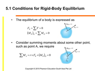 Copyright © 2010 Pearson Education South Asia Pte Ltd
5.1 Conditions for Rigid-Body Equilibrium
• The equilibrium of a body is expressed as
• Consider summing moments about some other point,
such as point A, we require
  



0
0
OOR
R
MM
FF
   0ORRA MFrM
 