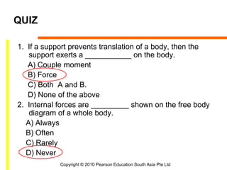 Copyright © 2010 Pearson Education South Asia Pte Ltd
QUIZ
1. If a support prevents translation of a body, then the
support exerts a ___________ on the body.
A) Couple moment
B) Force
C) Both A and B.
D) None of the above
2. Internal forces are _________ shown on the free body
diagram of a whole body.
A) Always
B) Often
C) Rarely
D) Never
 