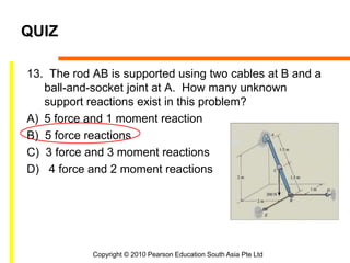 Copyright © 2010 Pearson Education South Asia Pte Ltd
QUIZ
13. The rod AB is supported using two cables at B and a
ball-and-socket joint at A. How many unknown
support reactions exist in this problem?
A) 5 force and 1 moment reaction
B) 5 force reactions
C) 3 force and 3 moment reactions
D) 4 force and 2 moment reactions
 