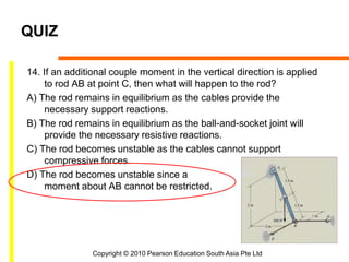 Copyright © 2010 Pearson Education South Asia Pte Ltd
QUIZ
14. If an additional couple moment in the vertical direction is applied
to rod AB at point C, then what will happen to the rod?
A) The rod remains in equilibrium as the cables provide the
necessary support reactions.
B) The rod remains in equilibrium as the ball-and-socket joint will
provide the necessary resistive reactions.
C) The rod becomes unstable as the cables cannot support
compressive forces.
D) The rod becomes unstable since a
moment about AB cannot be restricted.
 