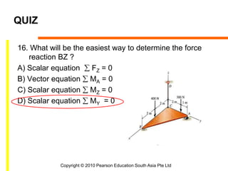 Copyright © 2010 Pearson Education South Asia Pte Ltd
QUIZ
16. What will be the easiest way to determine the force
reaction BZ ?
A) Scalar equation  FZ = 0
B) Vector equation  MA = 0
C) Scalar equation  MZ = 0
D) Scalar equation  MY = 0
 