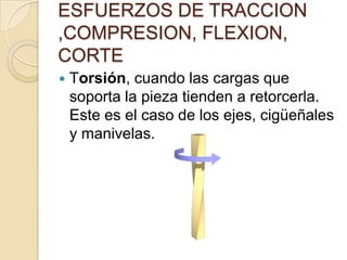 ESFUERZOS DE TRACCION
,COMPRESION, FLEXION,
CORTE


Torsión, cuando las cargas que
soporta la pieza tienden a retorcerla.
Este es el caso de los ejes, cigüeñales
y manivelas.

 