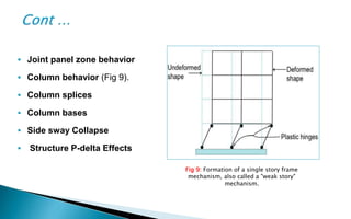  Joint panel zone behavior
 Column behavior (Fig 9).
 Column splices
 Column bases
 Side sway Collapse
 Structure P-delta Effects
Fig 9: Formation of a single story frame
mechanism, also called a "weak story"
mechanism.
 