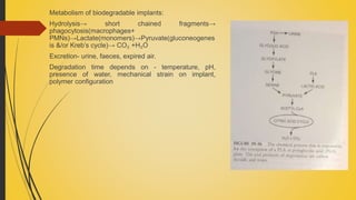 Metabolism of biodegradable implants:
Hydrolysis→ short chained fragments→
phagocytosis(macrophages+
PMNs)→Lactate(monomers)→Pyruvate(gluconeogenes
is &/or Kreb’s cycle)→ CO₂ +H₂O
Excretion- urine, faeces, expired air.
Degradation time depends on - temperature, pH,
presence of water, mechanical strain on implant,
polymer configuration
 