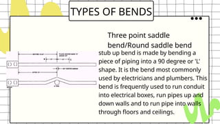 TYPES OF BENDS
stub up bend is made by bending a
piece of piping into a 90 degree or 'L'
shape. It is the bend most commonly
used by electricians and plumbers. This
bend is frequently used to run conduit
into electrical boxes, run pipes up and
down walls and to run pipe into walls
through floors and ceilings.
Three point saddle
bend/Round saddle bend
 