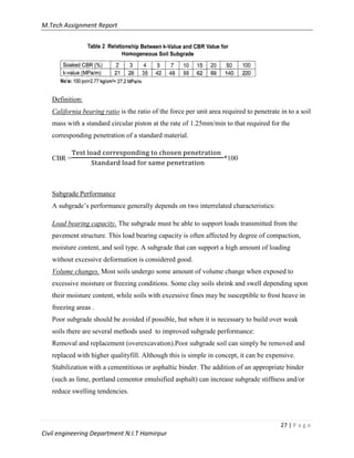 M.Tech Assignment Report
27 | P a g e
Civil engineering Department N.I.T Hamirpur
Definition:
California bearing ratio is the ratio of the force per unit area required to penetrate in to a soil
mass with a standard circular piston at the rate of 1.25mm/min to that required for the
corresponding penetration of a standard material.
CBR = *100
Subgrade Performance
A subgrade‟s performance generally depends on two interrelated characteristics:
Load bearing capacity. The subgrade must be able to support loads transmitted from the
pavement structure. This load bearing capacity is often affected by degree of compaction,
moisture content, and soil type. A subgrade that can support a high amount of loading
without excessive deformation is considered good.
Volume changes. Most soils undergo some amount of volume change when exposed to
excessive moisture or freezing conditions. Some clay soils shrink and swell depending upon
their moisture content, while soils with excessive fines may be susceptible to frost heave in
freezing areas .
Poor subgrade should be avoided if possible, but when it is necessary to build over weak
soils there are several methods used to improved subgrade performance:
Removal and replacement (overexcavation).Poor subgrade soil can simply be removed and
replaced with higher qualityfill. Although this is simple in concept, it can be expensive.
Stabilization with a cementitious or asphaltic binder. The addition of an appropriate binder
(such as lime, portland cementor emulsified asphalt) can increase subgrade stiffness and/or
reduce swelling tendencies.
 
