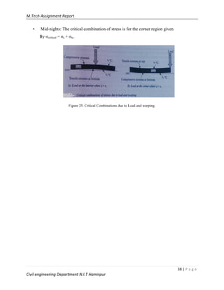M.Tech Assignment Report
38 | P a g e
Civil engineering Department N.I.T Hamirpur
• Mid-nights: The critical combination of stress is for the corner region given
By σcritical = σc + σtc.
Figure 25. Critical Combinations due to Load and warping.
 