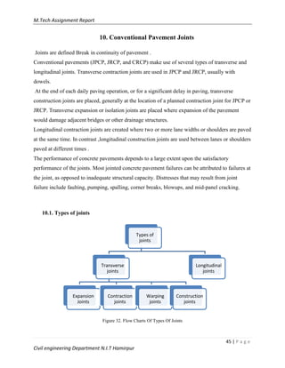 M.Tech Assignment Report
45 | P a g e
Civil engineering Department N.I.T Hamirpur
10. Conventional Pavement Joints
Joints are defined Break in continuity of pavement .
Conventional pavements (JPCP, JRCP, and CRCP) make use of several types of transverse and
longitudinal joints. Transverse contraction joints are used in JPCP and JRCP, usually with
dowels.
At the end of each daily paving operation, or for a significant delay in paving, transverse
construction joints are placed, generally at the location of a planned contraction joint for JPCP or
JRCP. Transverse expansion or isolation joints are placed where expansion of the pavement
would damage adjacent bridges or other drainage structures.
Longitudinal contraction joints are created where two or more lane widths or shoulders are paved
at the same time. In contrast ,longitudinal construction joints are used between lanes or shoulders
paved at different times .
The performance of concrete pavements depends to a large extent upon the satisfactory
performance of the joints. Most jointed concrete pavement failures can be attributed to failures at
the joint, as opposed to inadequate structural capacity. Distresses that may result from joint
failure include faulting, pumping, spalling, corner breaks, blowups, and mid-panel cracking.
10.1. Types of joints
Figure 32. Flow Charts Of Types Of Joints
Types of
joints
Transverse
joints
Expansion
Joints
Contraction
joints
Warping
joints
Construction
joints
Longitudinal
joints
 