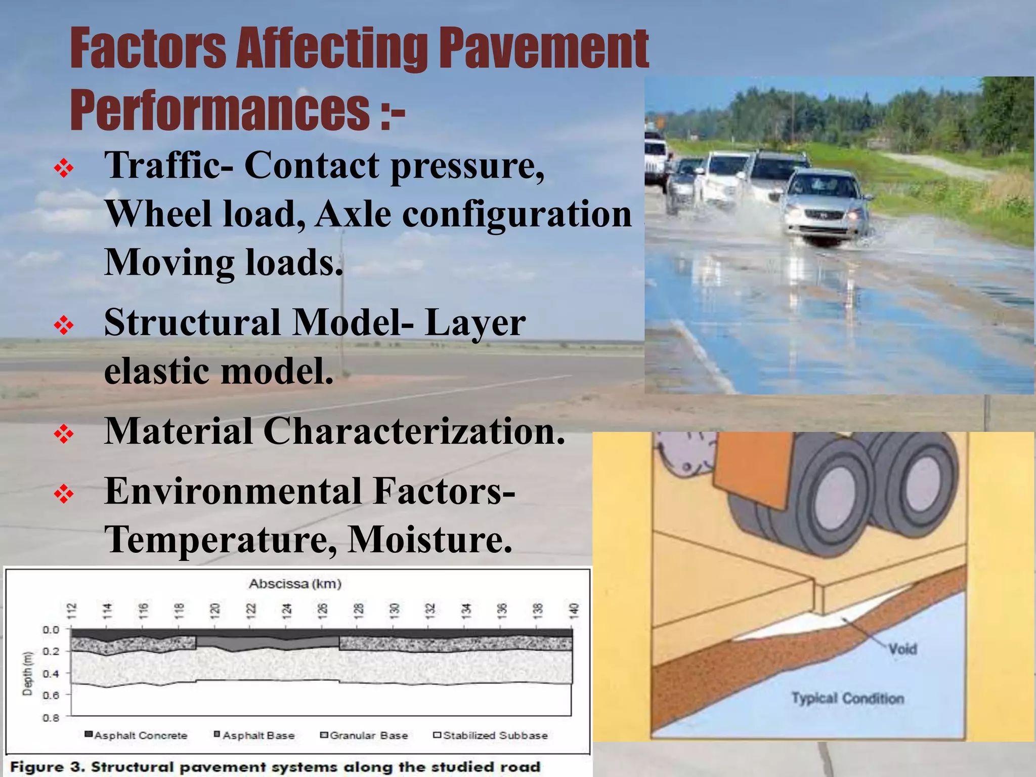 Factors Affecting Pavement
Performances :-
 Traffic- Contact pressure,
Wheel load, Axle configuration ,
Moving loads.
 Structural Model- Layer
elastic model.
 Material Characterization.
 Environmental Factors-
Temperature, Moisture.
 
