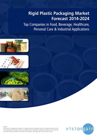 Rigid Plastic Packaging Market
Forecast 2014-2024
Top Companies in Food, Beverage, Healthcare,
Personal Care & Industrial Applications
©notice
This material is copyright by visiongain. It is against the law to reproduce any of this material without the prior
written agreement of visiongain.You cannot photocopy, fax, download to database or duplicate in any other way
any of the material contained in this report. Each purchase and single copy is for personal use only.
 