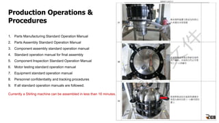 1. Parts Manufacturing Standard Operation Manual
2. Parts Assembly Standard Operation Manual
3. Component assembly standard operation manual
4. Standard operation manual for final assembly
5. Component Inspection Standard Operation Manual
6. Motor testing standard operation manual
7. Equipment standard operation manual
8. Personnel confidentiality and tracking procedures
9. If all standard operation manuals are followed.
Currently a Stirling machine can be assembled in less than 16 minutes.
Production Operations &
Procedures
 
