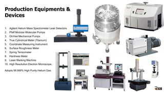 1. Agilent Helium Mass Spectrometer Leak Detectors
2. Pfaff Modular Molecular Pumps
3. Oil-free Mechanical Pumps
4. True Cylindrical Meter (Titanium)
5. Coordinate Measuring Instrument
6. Surface Roughness Meter
7. Spring Tensiometer
8. Hardness Meter
9. Laser Marking Machine
10. High Resolution Electron Microscope, etc.
Adopts 99.999% High Purity Helium Gas.
Production Equipments &
Devices
 
