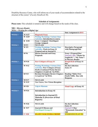 5


Disability Resource Center, who will inform me of your needs of accommodation related to the
structure of the course” (Faculty Handbook 30).


                                    Schedule of Assignments
Please note: This schedule is tentative and will change based on the needs of the class.

MR = Mercury Reader
WDA = Writing for a Digital Age
                                                                      Date Assignment is DUE
WEEK 1          M 8/27        Diagnostic Essay
                W 8/29        Writing Workshop: Various Class
                              Activities: Introduction to course
                R 8/30        Essay 1 Assigned / Oral Report
                              Groups Assigned
WEEK 2          M 9/3         NO CLASS
                W 9/5         Writing Workshop: Various Class         Descriptive Paragraph
                              Activities: Work on Essay #1            with Photograph Due
                              Proposal and on Journal #1
                R 9/6         Discuss Journals and Essay              Essay 1 Proposal Due/
                              Proposals                               Journal 1 Due “Theme for
                                                                      English B.” / “My Name”/
                                                                      in Mercury Reader
WEEK 3          M 9/10        Peer Critiques of Essay #1              Rough Draft of Essay #1
                                                                      Due
                W 9/12        Writing Workshop: Various Class         Ha Jin Collection:
                              Activities: Peer Critiques of Essay     Entry #1
                              Drafts (Continued Work)/ Review
                              Chapters 1-4 and 6 & 7 in WDA
                R 9/13        Revision Strategies/ Review Chapters    Reading “Shitty First
                              1-4 and 6 & 7 in WDA                    Drafts”(MR); Due with
                                                                      Response
WEEK 4          M 9/17        NO CLASS
                W 9/19        New Voices, New Visions Reception

                R 9/20        Trip to Museum                          Final Copy of Essay #1

WEEK 5          M 9/24        Introduction to Essay #2

                              Introduction to Journal #2:
                              Malcolm X (Overview of Oral
                              Reports)

                W 9/26        NO CLASS                                Ha Jin Collection:
                                                                      Entry #2
                R 9/27        Journal #2 Discuss and                  Journal #2 Due/
                              Oral Report Group #2                    “Homemade Education” in
                                                                      MR
                F 9/28        HA JIN TALK EXTRA CREDIT                EVERYONE PLAN TO

                                                5
 