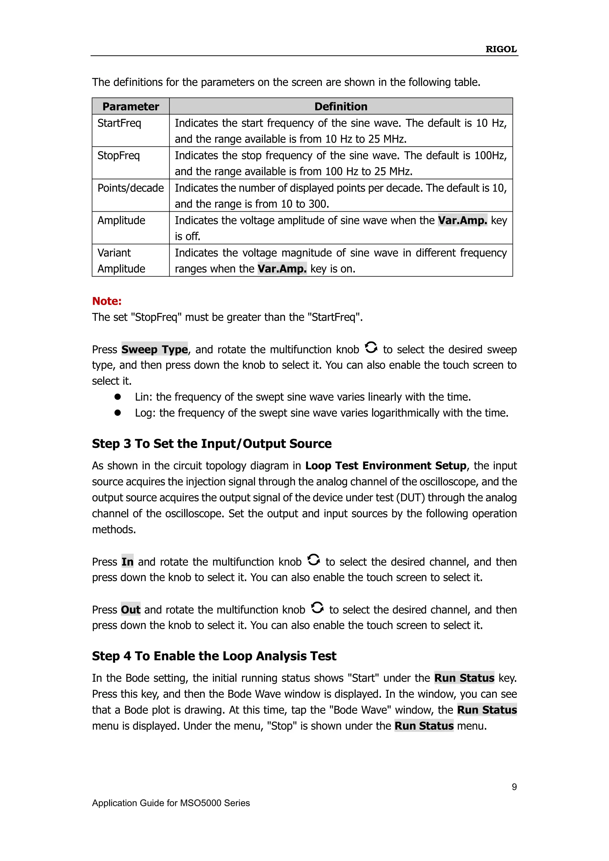 RIGOL
9
Application Guide for MSO5000 Series
The definitions for the parameters on the screen are shown in the following table.
Parameter Definition
StartFreq Indicates the start frequency of the sine wave. The default is 10 Hz,
and the range available is from 10 Hz to 25 MHz.
StopFreq Indicates the stop frequency of the sine wave. The default is 100Hz,
and the range available is from 100 Hz to 25 MHz.
Points/decade Indicates the number of displayed points per decade. The default is 10,
and the range is from 10 to 300.
Amplitude Indicates the voltage amplitude of sine wave when the Var.Amp. key
is off.
Variant
Amplitude
Indicates the voltage magnitude of sine wave in different frequency
ranges when the Var.Amp. key is on.
Note:
The set "StopFreq" must be greater than the "StartFreq".
Press Sweep Type, and rotate the multifunction knob to select the desired sweep
type, and then press down the knob to select it. You can also enable the touch screen to
select it.
 Lin: the frequency of the swept sine wave varies linearly with the time.
 Log: the frequency of the swept sine wave varies logarithmically with the time.
Step 3 To Set the Input/Output Source
As shown in the circuit topology diagram in Loop Test Environment Setup, the input
source acquires the injection signal through the analog channel of the oscilloscope, and the
output source acquires the output signal of the device under test (DUT) through the analog
channel of the oscilloscope. Set the output and input sources by the following operation
methods.
Press In and rotate the multifunction knob to select the desired channel, and then
press down the knob to select it. You can also enable the touch screen to select it.
Press Out and rotate the multifunction knob to select the desired channel, and then
press down the knob to select it. You can also enable the touch screen to select it.
Step 4 To Enable the Loop Analysis Test
In the Bode setting, the initial running status shows "Start" under the Run Status key.
Press this key, and then the Bode Wave window is displayed. In the window, you can see
that a Bode plot is drawing. At this time, tap the "Bode Wave" window, the Run Status
menu is displayed. Under the menu, "Stop" is shown under the Run Status menu.
 