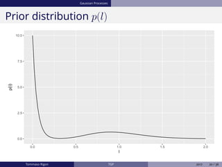 Gaussian Processes
Prior distribution p(l)
0.0
2.5
5.0
7.5
10.0
0.0 0.5 1.0 1.5 2.0
l
p(l)
Tommaso Rigon TGP 2017 20 / 36
 