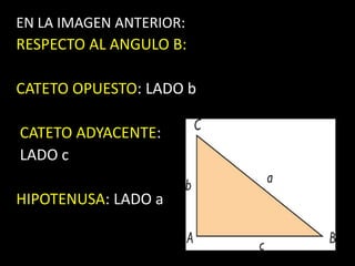EN LA IMAGEN ANTERIOR:RESPECTO AL ANGULO B:CATETO OPUESTO: LADO bCATETO ADYACENTE: LADO cHIPOTENUSA: LADO a