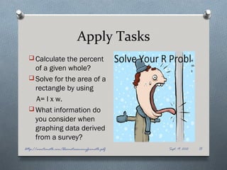 Apply Tasks
   Calculate the percent
    of a given whole?
   Solve for the area of a
    rectangle by using
    A= l x w.
   What information do
    you consider when
    graphing data derived
    from a survey?
http://montemath.com/bloomstaxonomyformath.pdf   Sept. 19, 2012   15
 
