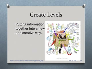Create Levels
       Putting information
       together into a new
       and creative way.




http://montemath.com/bloomstaxonomyformath.pdf   Sept. 19, 2012   22
 