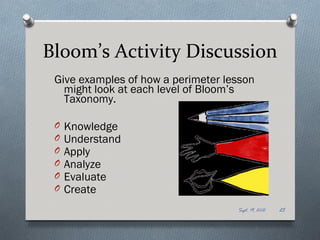 Bloom’s Activity Discussion
 Give examples of how a perimeter lesson
   might look at each level of Bloom’s
   Taxonomy.

 O   Knowledge
 O   Understand
 O   Apply
 O   Analyze
 O   Evaluate
 O   Create
                                    Sept. 19, 2012   25
 