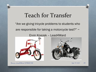 Teach for Transfer
     “Are we giving tricycle problems to students who
     are responsible for taking a motorcycle test?” ~
                     Ervin Knezek – Lead4Ward




Source: Lead4Ward STAAR 3D                      Sept. 19, 2012   30
 