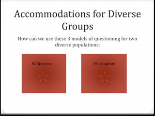 Accommodations for Diverse 
Groups 
How can we use these 3 models of questioning for two 
diverse populations: 
EC Students ESL Students 
 