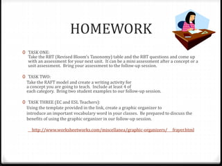 HOMEWORK 
0 TASK ONE: 
Take the RBT (Revised Bloom’s Taxonomy) table and the RBT questions and come up 
with an assessment for your next unit. It can be a mini assessment after a concept or a 
unit assessment. Bring your assessment to the follow-up session. 
0 TASK TWO: 
Take the RAFT model and create a writing activity for 
a concept you are going to teach. Include at least 4 of 
each category. Bring two student examples to our follow-up session. 
0 TASK THREE (EC and ESL Teachers): 
Using the template provided in the link, create a graphic organizer to 
introduce an important vocabulary word in your classes. Be prepared to discuss the 
benefits of using the graphic organizer in our follow-up session. 
http://www.worksheetworks.com/miscellanea/graphic-organizers/ frayer.html 
 
