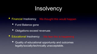 Insolvency
• Financial Insolvency
• Fund Balance gone
• Obligations exceed revenues
• Educational Insolvency
• Quality of educational opportunity and outcomes
legally/socially/technically unacceptable.
We thought this would happen
We fear this is happening
 